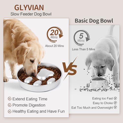 Slow Feeder Dog Bowl for Fast Eating Dogs Heavy Duty Stainless Steel 8.2" with Non (Metallic / 2 Cups)