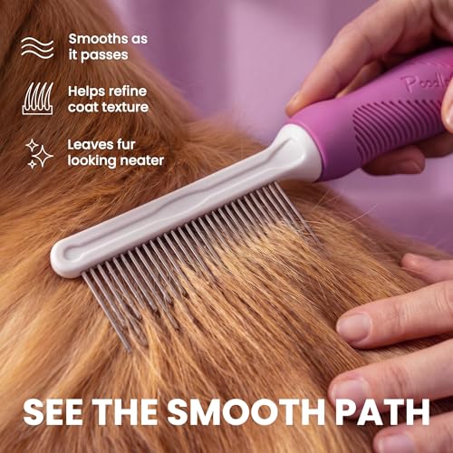 Poodle Pet Detangling Pet Comb with Long & Short Stainless Steel Teeth for Removing Matted Fur (Purple / Detangling Pet Comb)