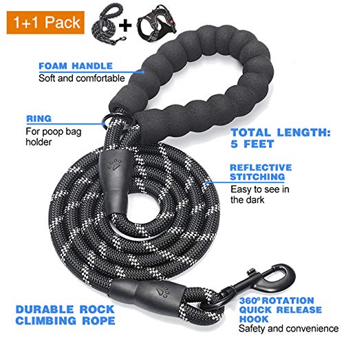 No Pull Dog Harness Adjustable Reflective Oxford Easy Control Medium Large Dog Harness with A Free Heavy Duty 5ft Dog Leash (Black / X-Large)