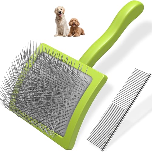 2PCS Slicker Brush for Dogs & Pet Comb (Green / Large)