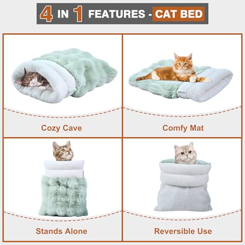 3 in 1 Semi Enclosed Self Warming Burrow Cat Bed Sleeping Cave (Style- Green)