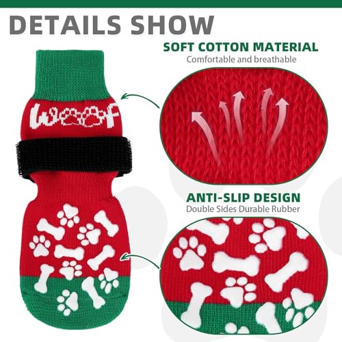 Anti Slip Dog Socks for Hot (Red&green With Woof / Medium (4 Pack))