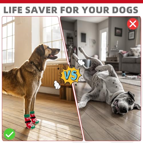 Anti Slip Dog Socks for Hot (Red&green With Woof / Medium (4 Pack))