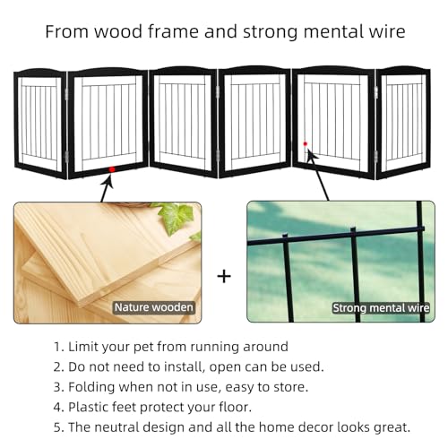 Freestanding Foldable Dog Gate for House Extra Wide Wooden Black Indoor Puppy Gate Stairs Dog Gates Doorways Tall Pet Gate 6 Panels Fence (Black / 【6 Panels】120''w x 24''h)