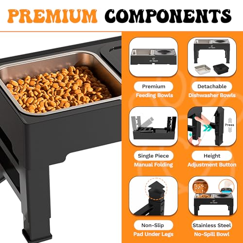 Elevated Dog Bowls (No-Spill Water Bowl & Stainless Steel Bowl Black)