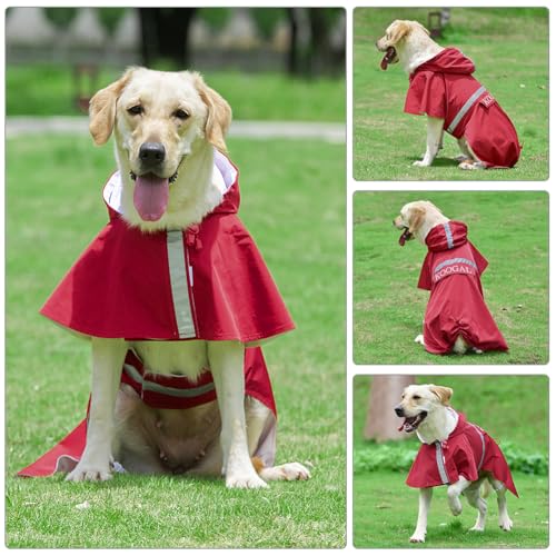 Dog Raincoat Waterproof Hooded (Red / 4XL-Fit for 50 to 77 pounds)