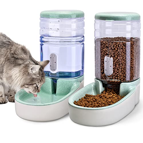 Automatic Dog Cat Feeder and Water Dispenser Gravity Food Feeder and Waterer Set with Pet Food Bowl for Small Medium Dog Puppy Kitten (Green)