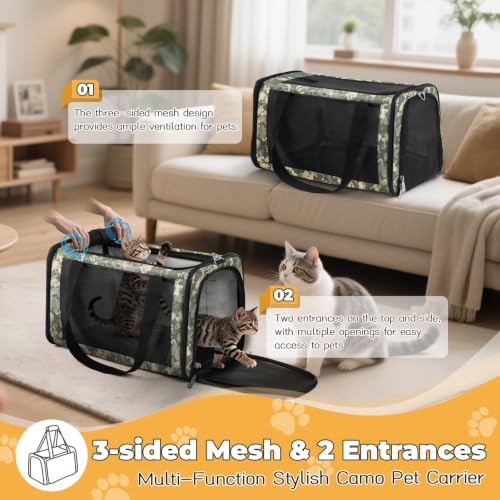 25lbs Cat Carrier Lightproof Soft Sided Pet Carrier for Large Cat (17.5"L x 11.0"W x 11.0"H / Digital Camouflage（No Privacy Curtain))