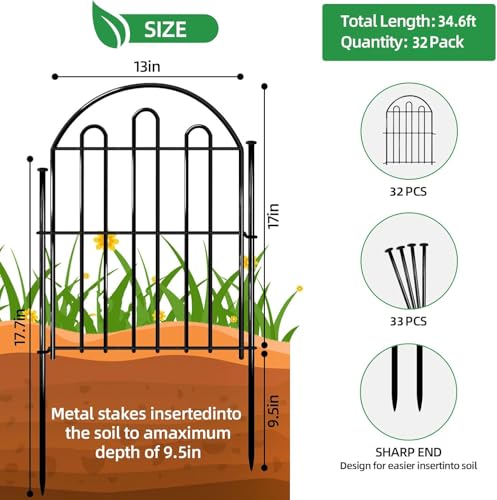 32 Pack Decorative Garden Fence (Black / 32 Panels, 26in x 34.6ft)