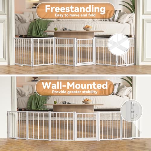 Full Metal Freestanding Dog Gate with Door (【6 Panels】120"W*24H" / White)