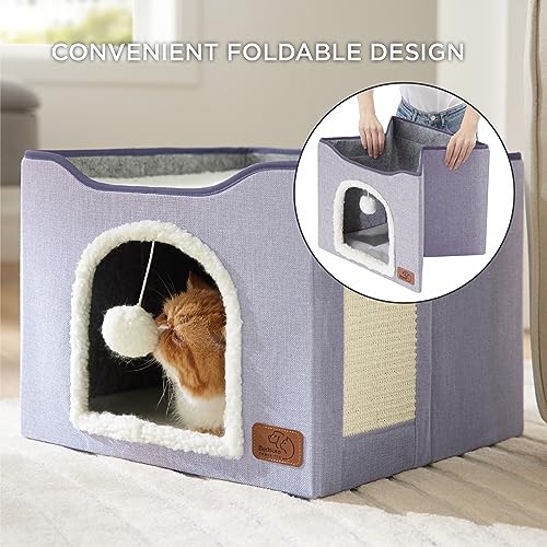 Cat House Bed for Indoor Cats with Fluffy Ball and Scratch Pad (Cloud Purple / Single)