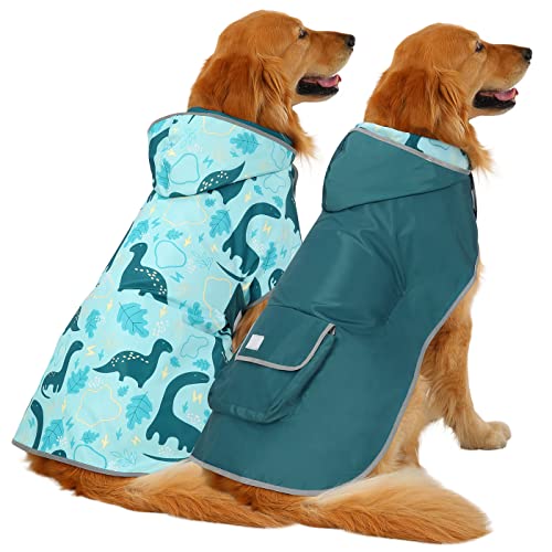 2-in-1 Reversible Dog Raincoat Hooded Poncho Rain Jacket Teal Dino XL (X-Large / Dinosaurs)