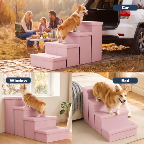 4 Step Wide Dog Stairs with Storage 23" H (Pink / 40"D x 17"W x 23"H)