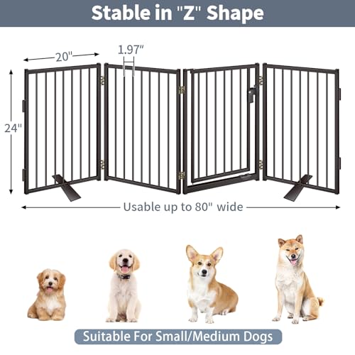 Metal Freestanding Dog Gates with Door for Outdoor Indoor (Black / 【4 Panels with Door】 24''H*80''W)