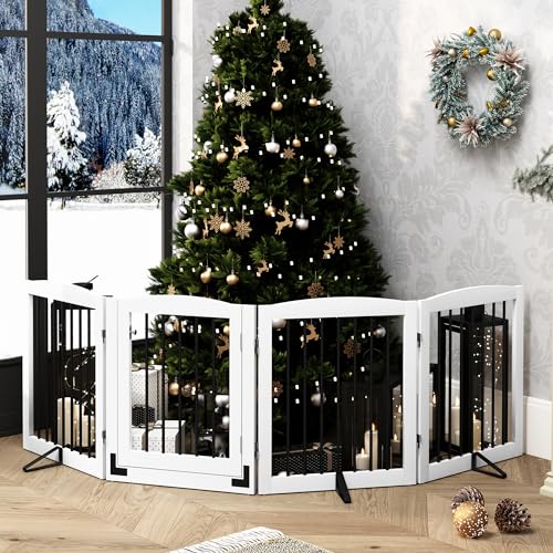Freestanding Dog Gate with Door (4 Panel 24" / White & Black)