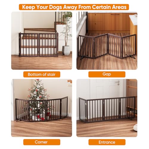 Freestanding Dog Gate Folding Brown Dog Gates for the House Doorways Stairs Pet Gates for Dogs (Bamboo Dog Gate Brown / 4 Panel - 74 inches Wide)