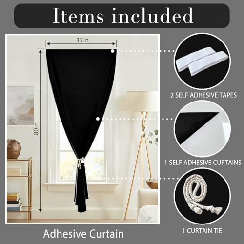 100% Blackout Self Adhesive Portable Curtains for Bedroom Easy to Install Window Thermal Lnsulated Kitchen Room Darkening Small Window Curtains (34"W x 80"L (Pack of 1) / Black)
