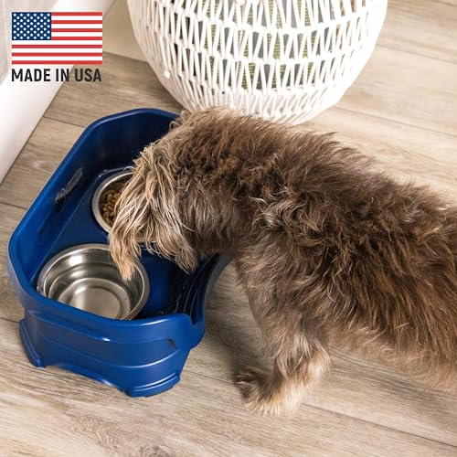Neater Feeder Deluxe Mess Proof Dog Bowls Elevated for Small Dogs Under 19 lbs (Small with Standard Bowl / Dark Blue)