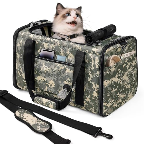 25lbs Cat Carrier Lightproof Soft Sided Pet Carrier for Large Cat (17.5"L x 11.0"W x 11.0"H / Digital Camouflage（No Privacy Curtain))