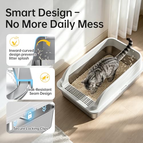 High Sided Stainless Steel XL Cat Litter Box for Cats (Grey L)