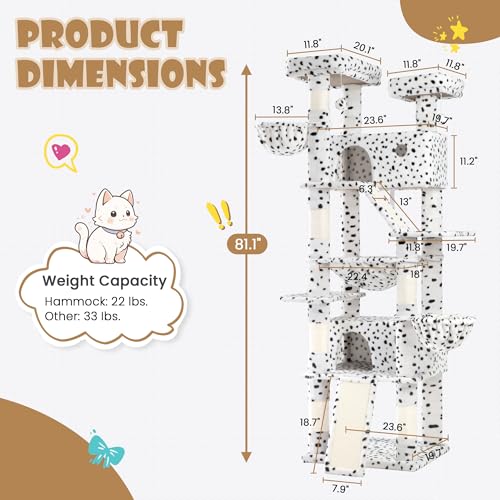 81in Multi Level Tall Cat Tree Tower for Indoor Kitties (White & Black Spot)