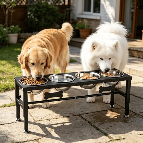 Adjustable Height Dog Bowl Stand with 4 Bowls for Multi (Black-1.7L-Four)