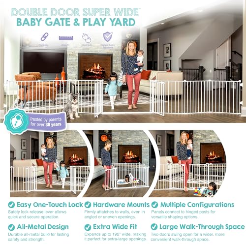 Safety 24" 192" Metal Double Door Baby Gate & Play Yard (52.5-192"W x 28"H / White)