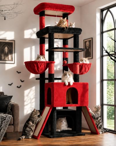 Z78 Heavy Duty Gothic Cat Tree for 20lbs Large Adult Cats (Black Red / 78 inch)