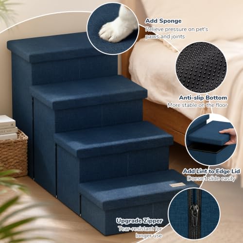 4 Step Wide Dog Stairs with Storage 23" H (Navy / 40"D x 17"W x 23"H)