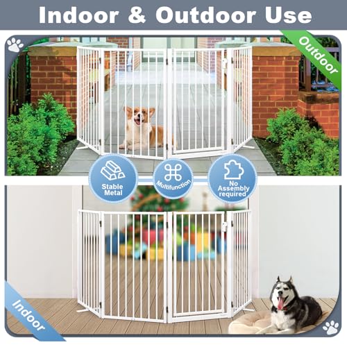 Metal Freestanding Dog Gates with Door for Outdoor Indoor (White / 【4 Panels with Door】 32''H*80''W)