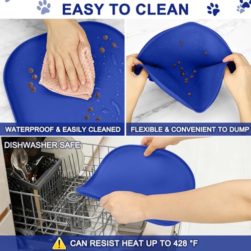 Waterproof Silicone Pet Food Mat with Raised Edge for Dog & Cat (Navy Blue / 12"L x 12"W)