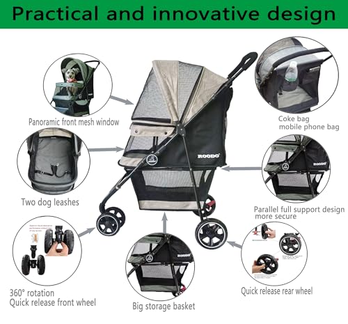 3 Wheel Dog Pet Cat Stroller Best Lightweight Foldable Compact Portable Jogger All Terrain Travel Pet Gear Puppy Kitty Stroller for up to 30lbs Medium Small Dogs and Cats (Light khaki)