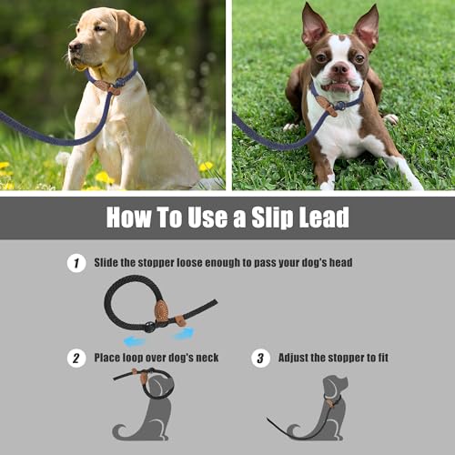 Heavy Duty Slip Lead No Pull Leash w Leather (Navy / 4 Feet)