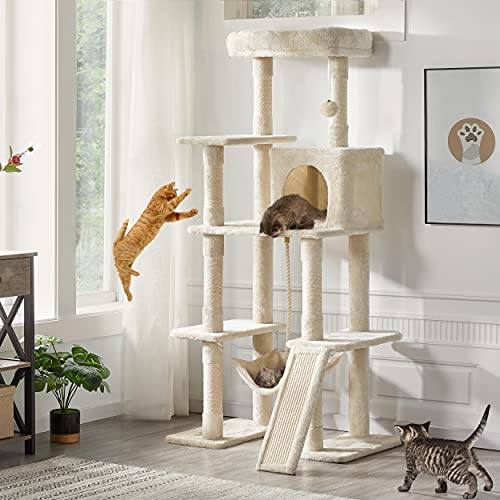 63in Sturdy Large Cat Tree for Indoor Heavy Cats (Beige / 63in)