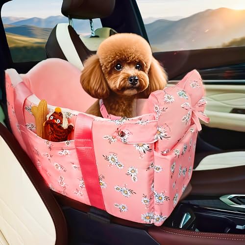 Console Dog Car Seat for Small Dogs Up to 11 Lbs (Pink daisy)