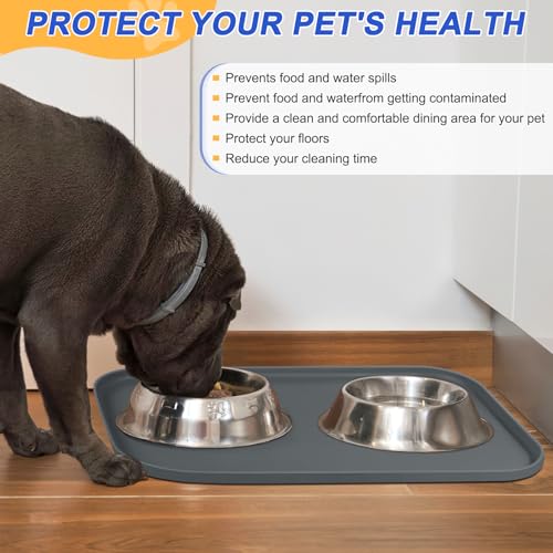 Waterproof Silicone Pet Food Mat with Raised Edge for Dog & Cat (Dark Grey / 19"L x 12"W)