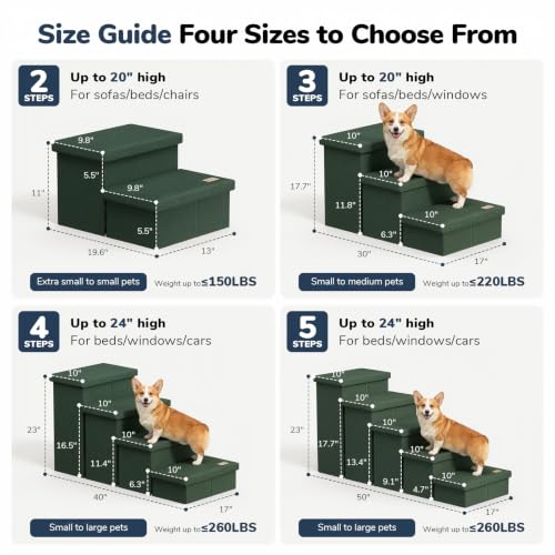 3 Step Wide Dog Stairs with Hidden Storage 18" H (Dark Green / 30"D x 17"W x 17.7"H)