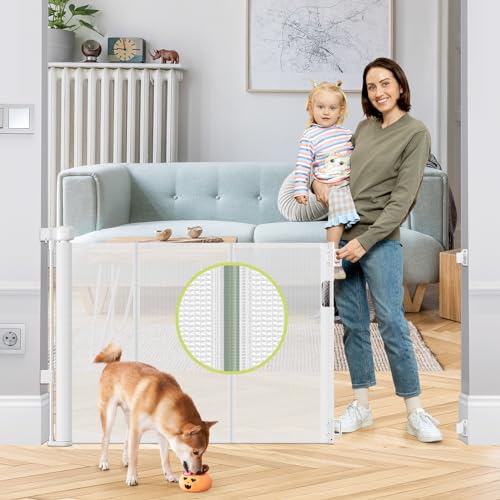 Reinforced 55" Wide Retractable Baby Gates for Doorways to Prevent Crawling Under (White / 33" Tall x 55" Wide（ With Reinforced Bar ）)