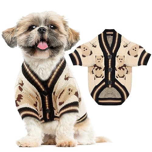 Small Dog Sweaters Cute Bear Dog Cardigans Clothes for Small Medium Dogs Boy Girl Puppy Cat Knitting Cardigan Outfits Dogs Autumn Coats Warm Pet Doggy Clothes Soft Knitwear Apparel (Beige / Large)
