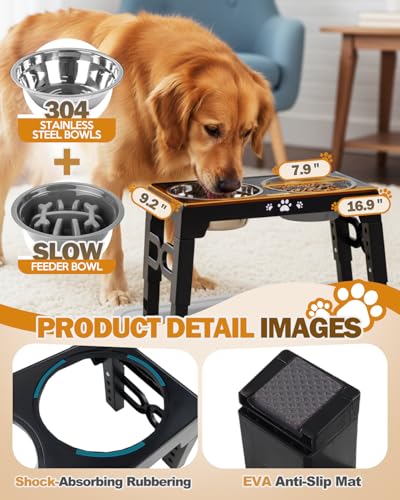 Elevated Dog Bowls for Medium Large Dogs with Mat (for Medium Large Dogs 1 Basic&1Slow Bowl with Mat / Black)