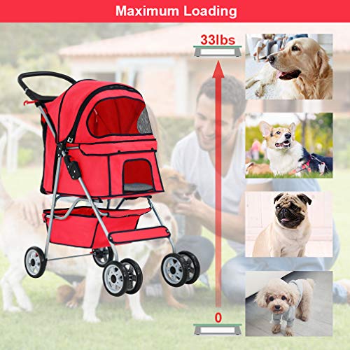 4 Wheel Foldable Pet Stroller (Red / 4 Wheels)