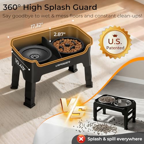 Mess Proof Elevated Dog Bowls 4 Height Adjustable Raised Stand (Black / Large)