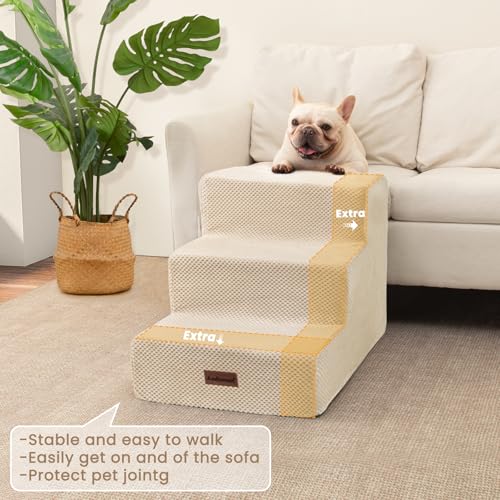 Dog Stairs for Small Dogs (Beige / Wider 3-Step 15.7" H)
