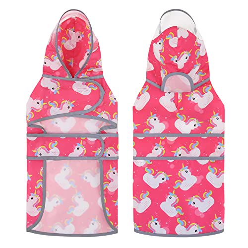 Clear Hooded Dog Raincoat Jacket Poncho with Dog Leash Hole Pink L (Large / Unicorn Ducks Pink)