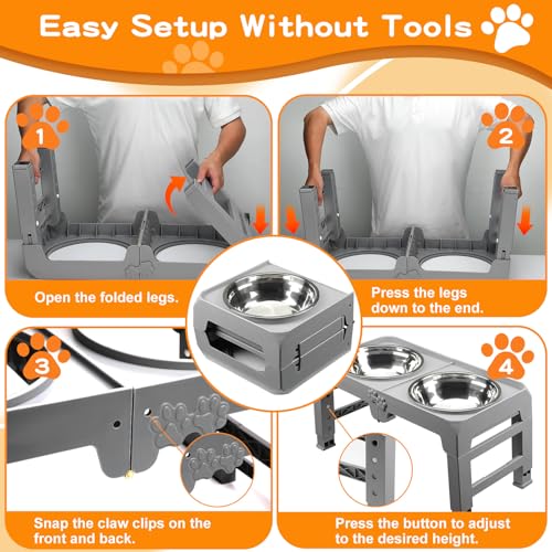 Elevated Dog Bowls for Large Dogs 5 Adjustable Heights 7.5" (Grey / 10" for Large Dogs)