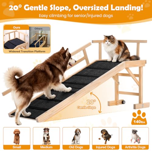 59" Wooden Dog Ramp with Platform & Wheels Gentle Slope Non (L-59"L×17"W×20"H)