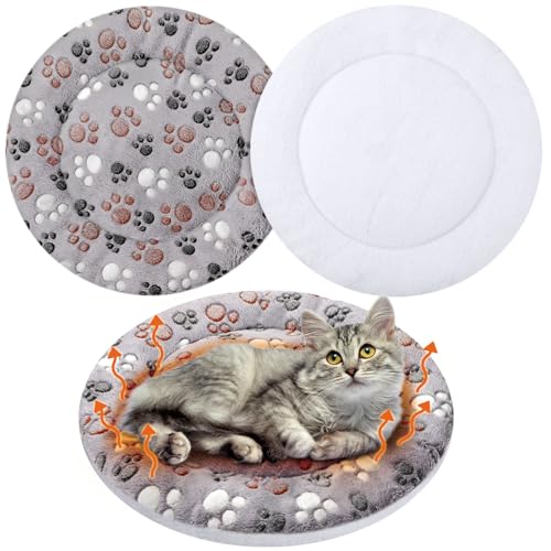 2 Pack Self Heating Cat Pad Self Heating Cat Bed Machine Washable Heat Pet Mat Reversible Body Thermal Warm Round Dog Bed Crate Blanket for Feral and Indoor Cats (16'' / Dog Paw)