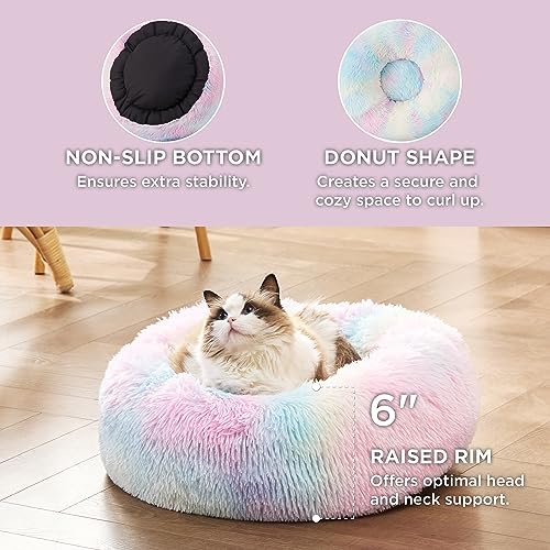 Calming Cat Beds Donut Round Washable Kitten Bed (20"L x 20"W x 6"Th / Multi Color)