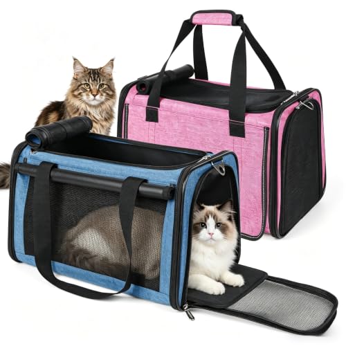 2 Packs 25 lbs Soft Sided Pet Carrier for Large Cat & Small Dog (17.5"L x 11.0"W x 11.0"H / Pink*1+Lake Blue*1)