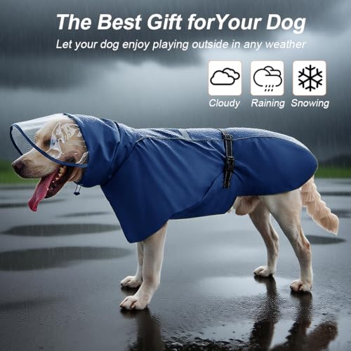 Pet Dog Raincoat Jacket Large Dog Rain Poncho with Transparent Hood (Dark Blue / XL-Fit for 12-18 lbs)